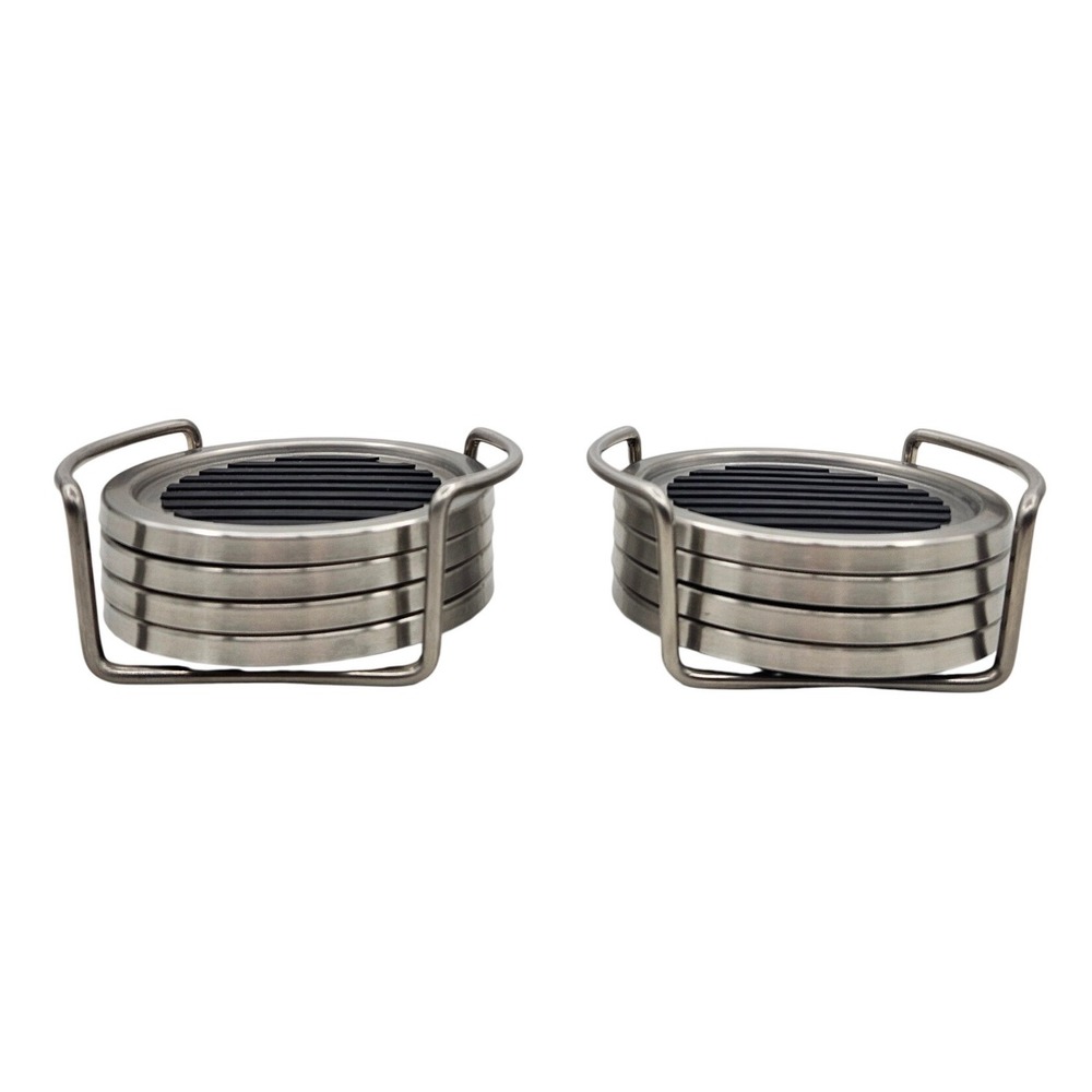 InterDesign Brushed Stainless Steel Coasters with Holders Set of 8 Silver Black
